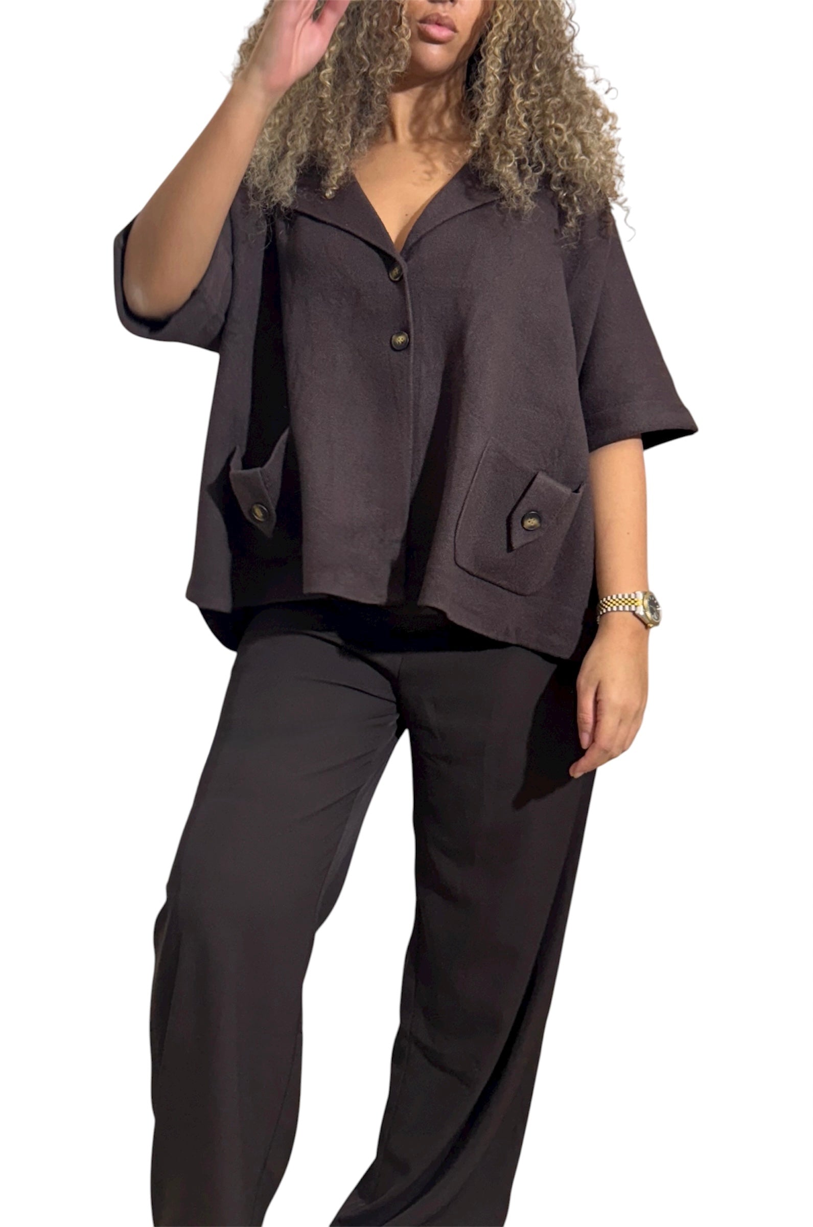 Oversized Brown Button Blouse