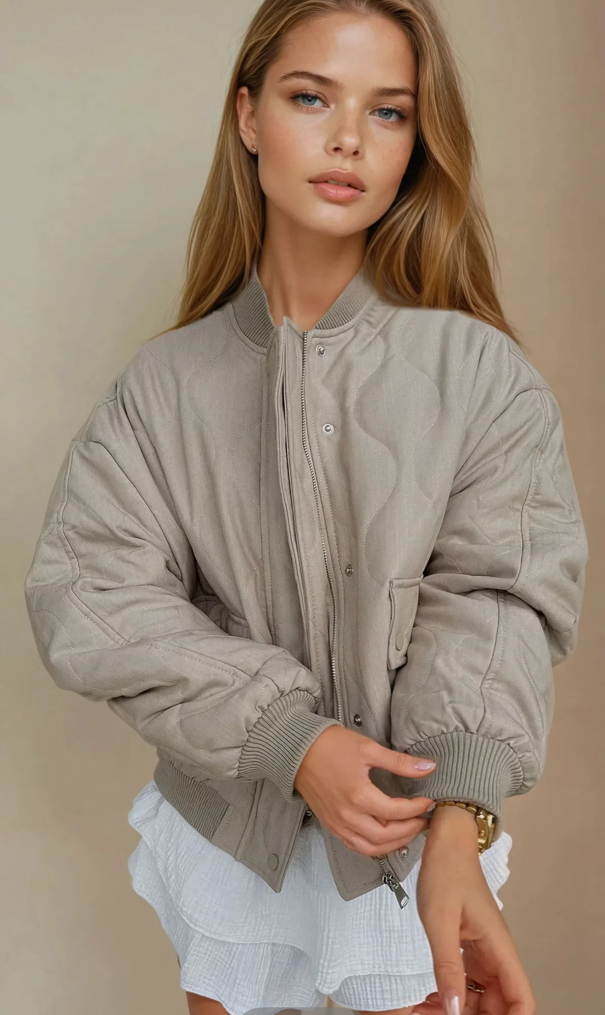 Oversized grey quilted bomber jacket