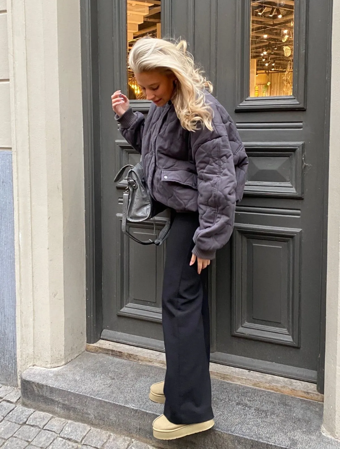 Oversized grey quilted bomber jacket