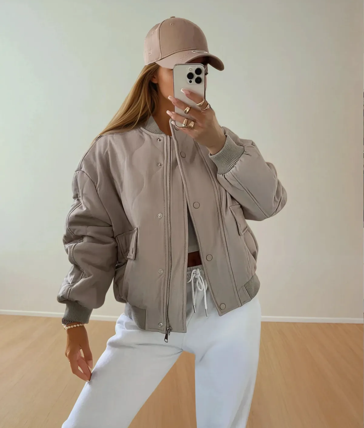 Oversized grey quilted bomber jacket